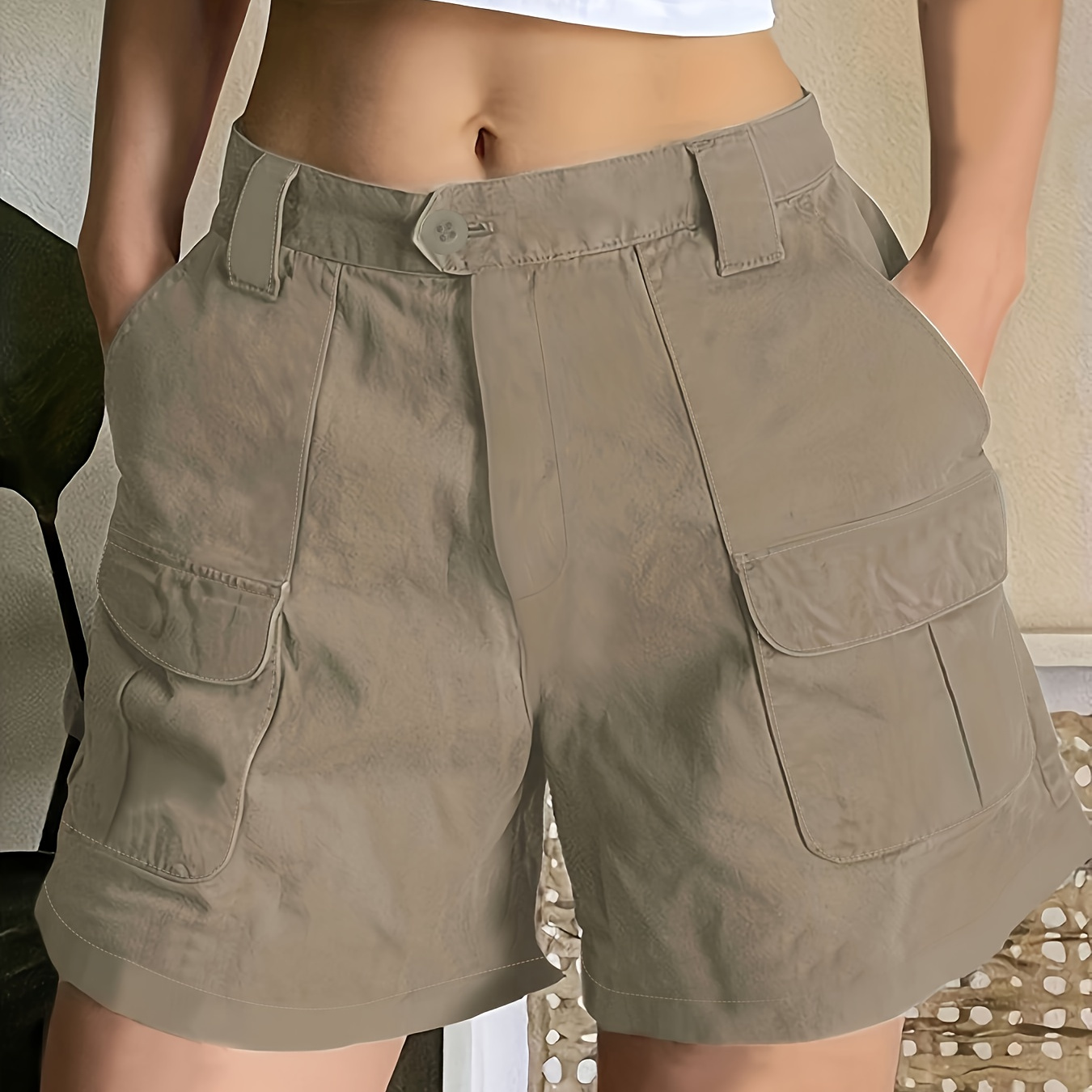 

Solid Flap Pocket Cargo Shorts, Vintage Loose Shorts For Spring & Summer, Women's Clothing