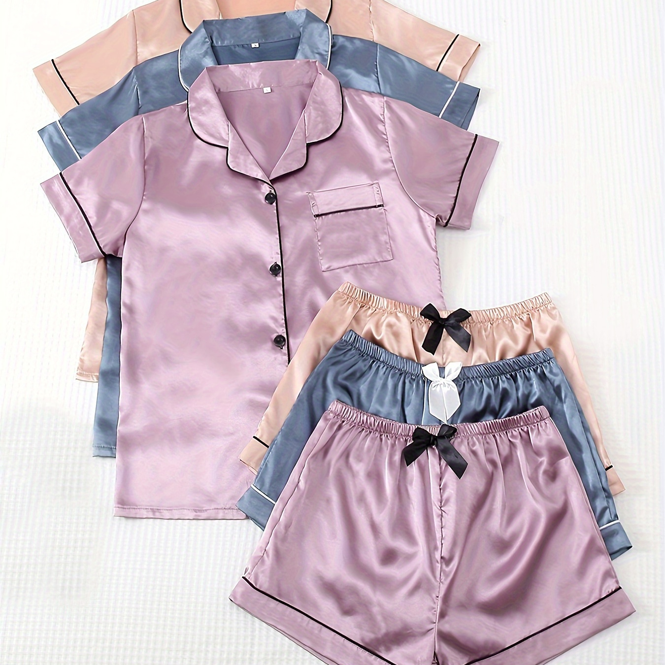 

3 Sets Satin Pajama Set, Short Sleeve Lapel Top & Bow Shorts, Women's Sleepwear & Loungewear
