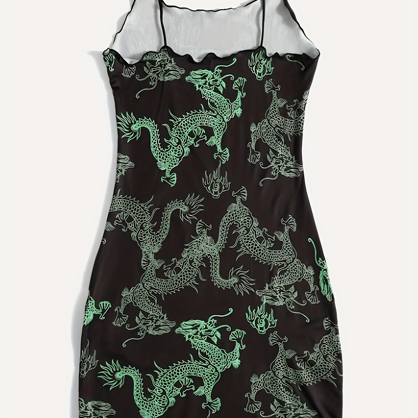 

Dragon Print Lettuce Trim Cami Dress, Stylish Skinny Backless Mini Cami Dress For Spring & Summer, Women's Clothing