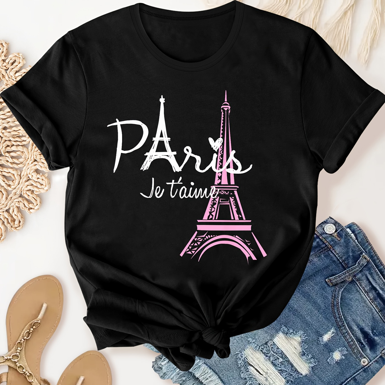 

Women's Paris Tower & Letter Graphic Tee, Round Neck Short Sleeve T-shirt, Casual Daily Sportswear, Spring & Summer Women's Top