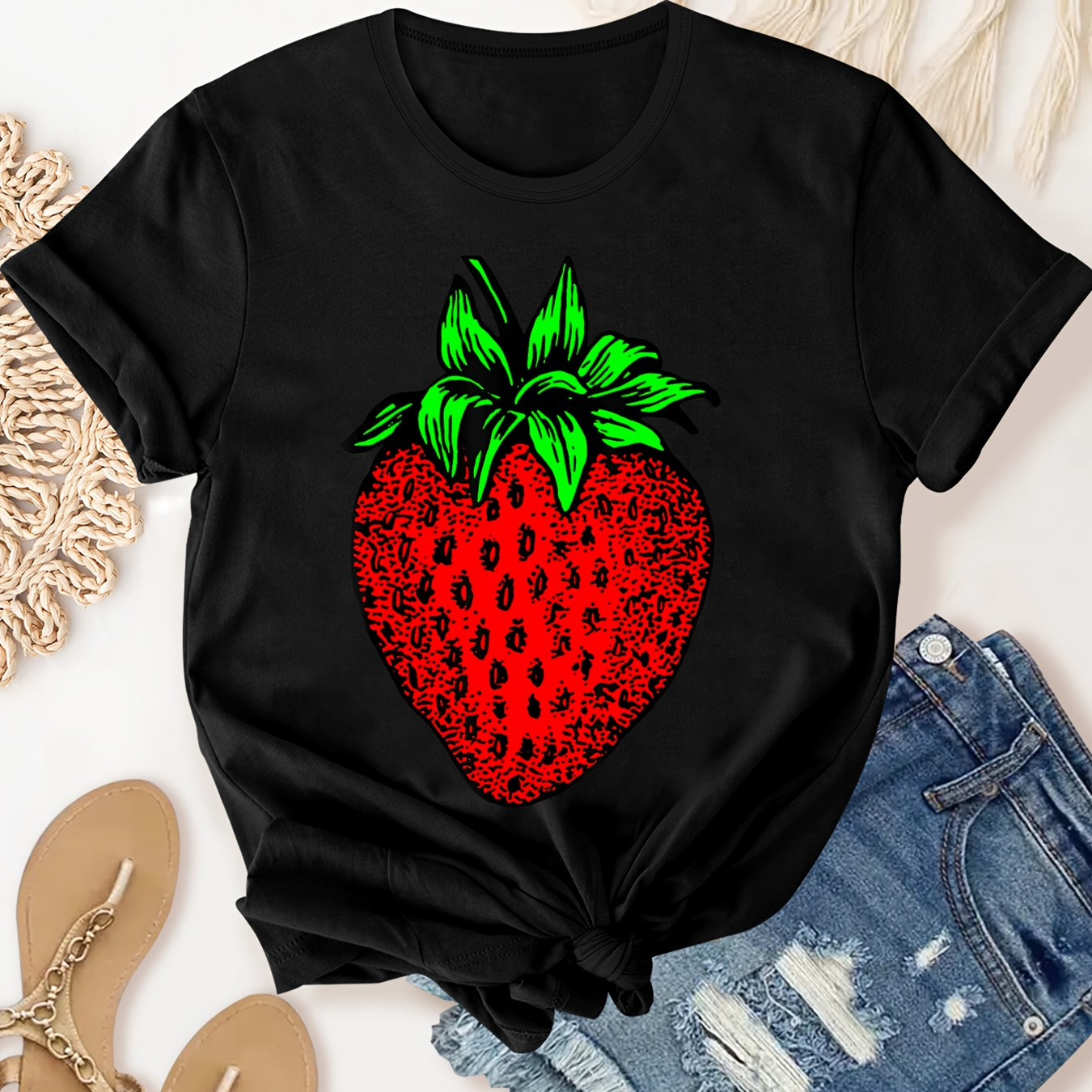 

Women's Cute Strawberry Graphic Tee, Round Neck Short Sleeve T-shirt, Casual Daily Sportswear, Women's Top