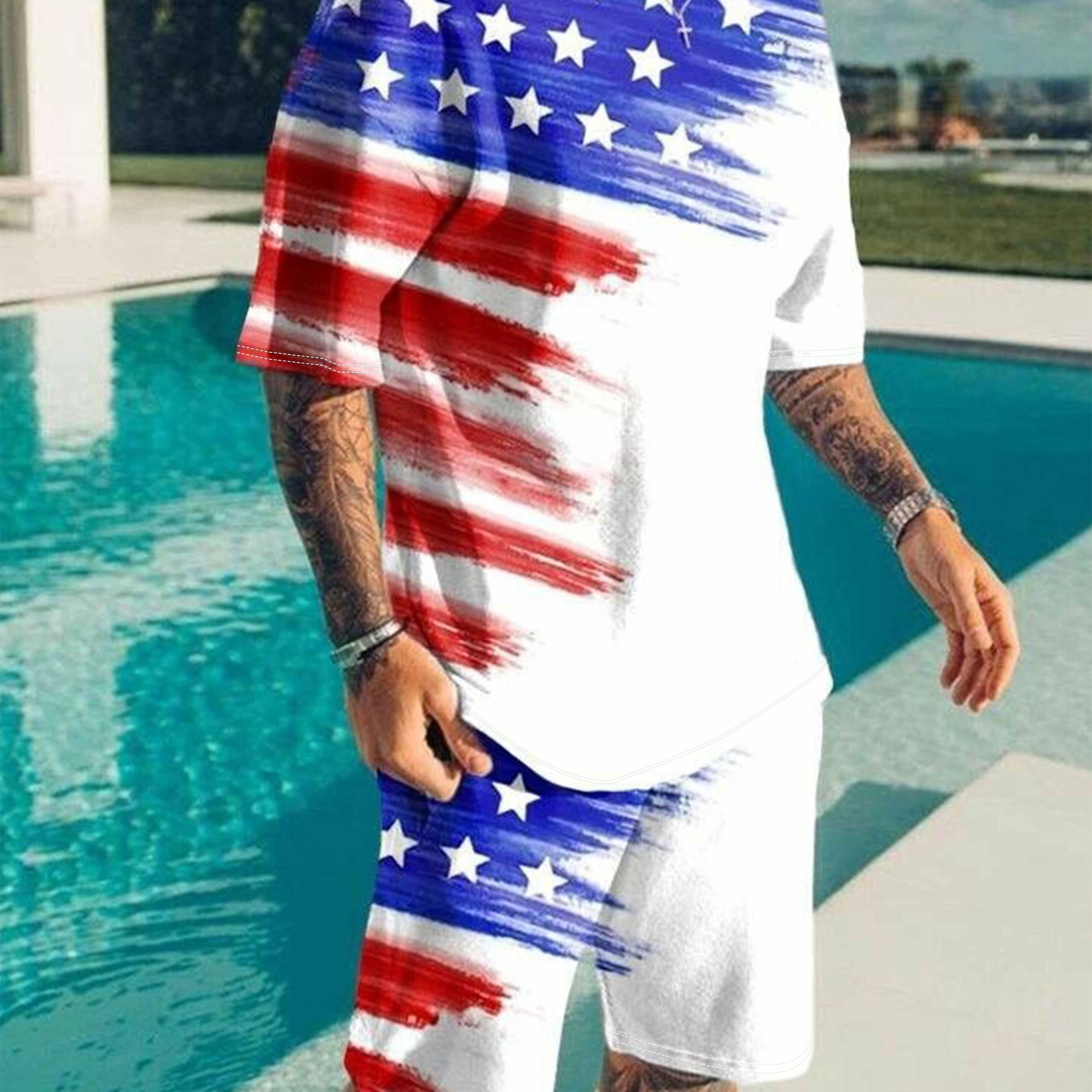 

Plus Size Men's Us Flag Graphic Print T-shirt & Shorts Set For Summer