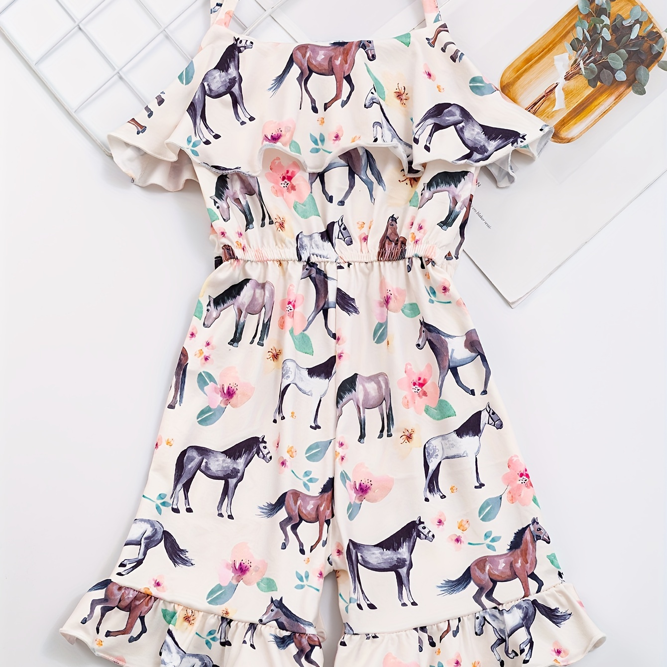 

Girls Cartoon Horse Flower Print Ruffle Suspender Jumpsuit For Summer