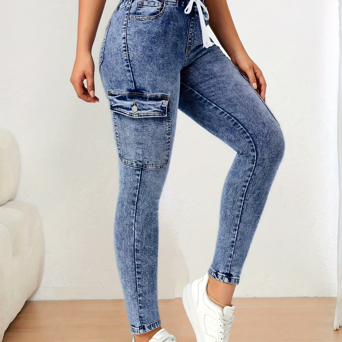 

Women's High Stretch Skinny Jeans With Drawstring Waist And Pockets, Cotton Blend Denim, Solid Color For All Season - Long Length Casual Weekend Pants