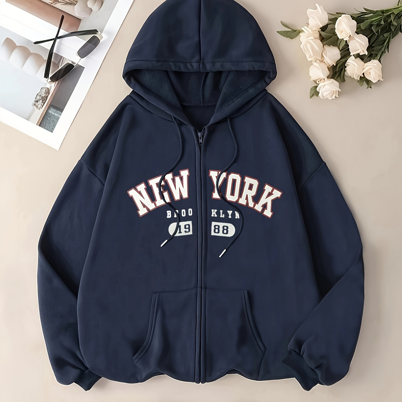 

Women's Hoodie Sweatshirt With "new York" Lettering, Polyester Knit Fabric, Autumn/winter Collection, Casual Style