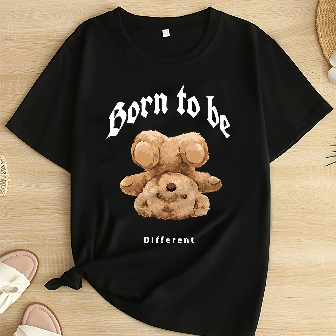 

Plus Size Bear & Letter Print T-shirt, Casual Short Sleeve Top For Spring & Summer, Women's Plus Size Clothing