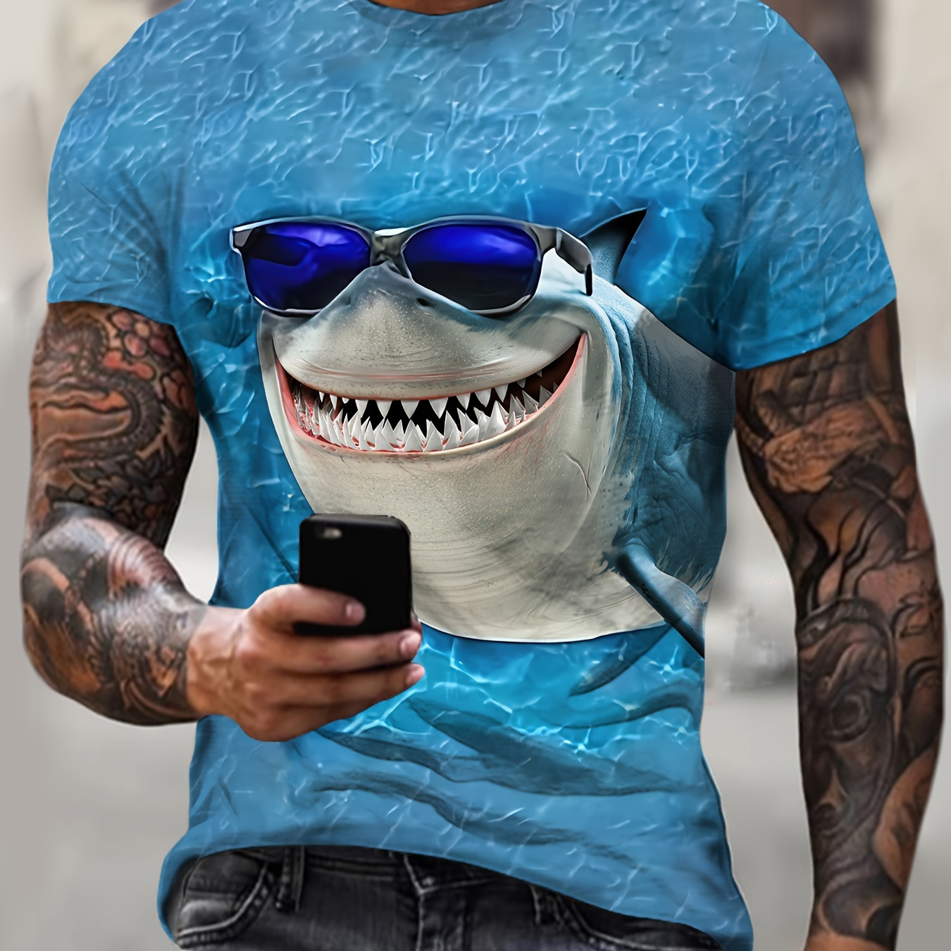 

Funny Shark 3d Graphic Print Men's Novelty Short Sleeve Crew Neck T-shirt, Summer Beach Party