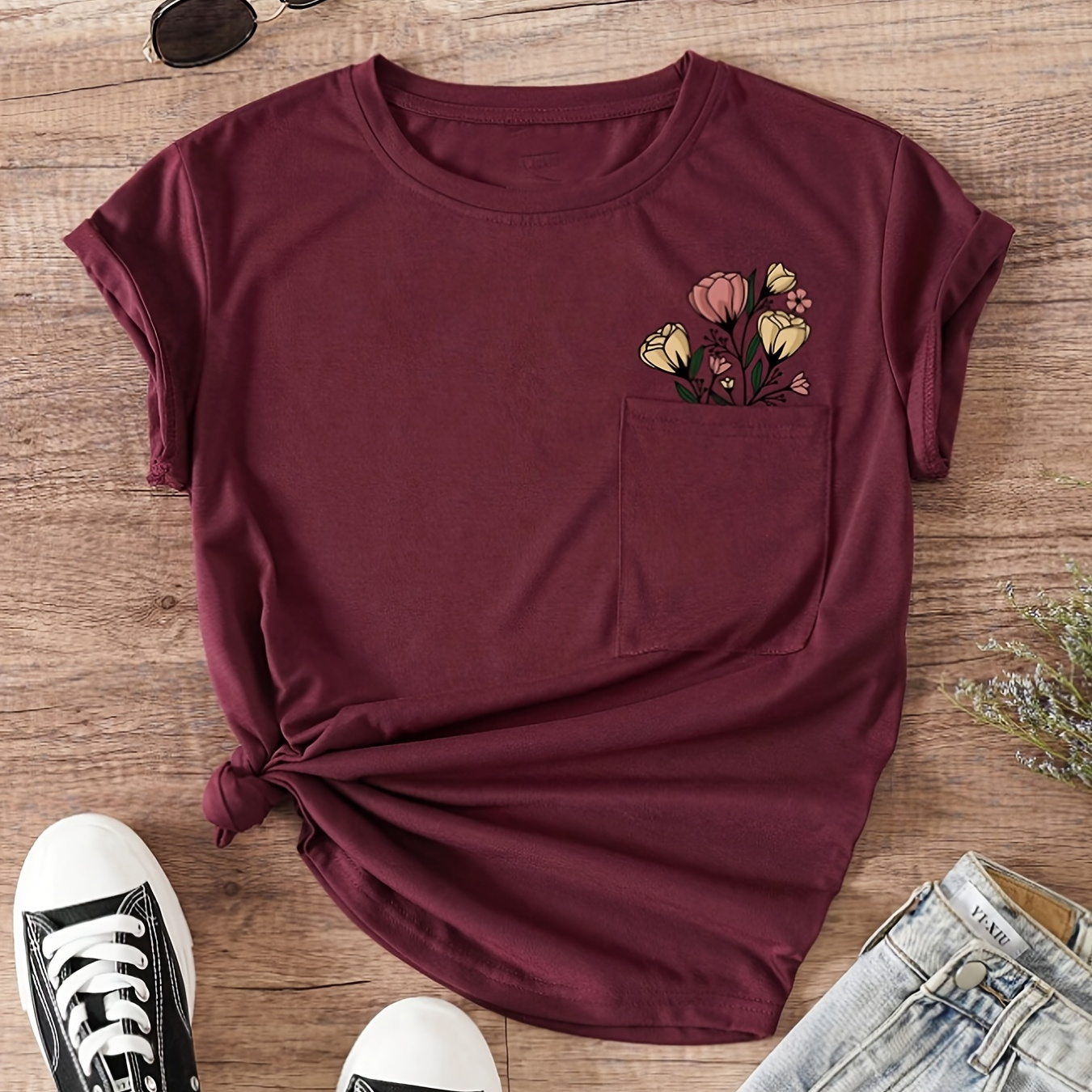 

T-shirt À Col Rond Imprimé Floral, Haut Décontracté À Manches Courtes Pour Le Printemps Et L'été, Vêtements Pour Femmes