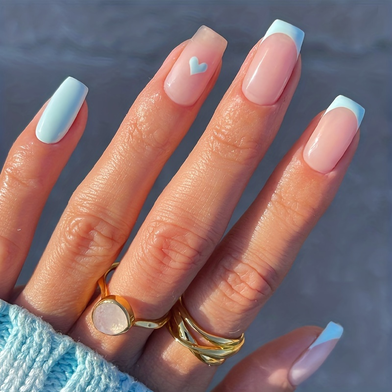 Glam Up Your Look With Long Blue French Press Nails With - Temu