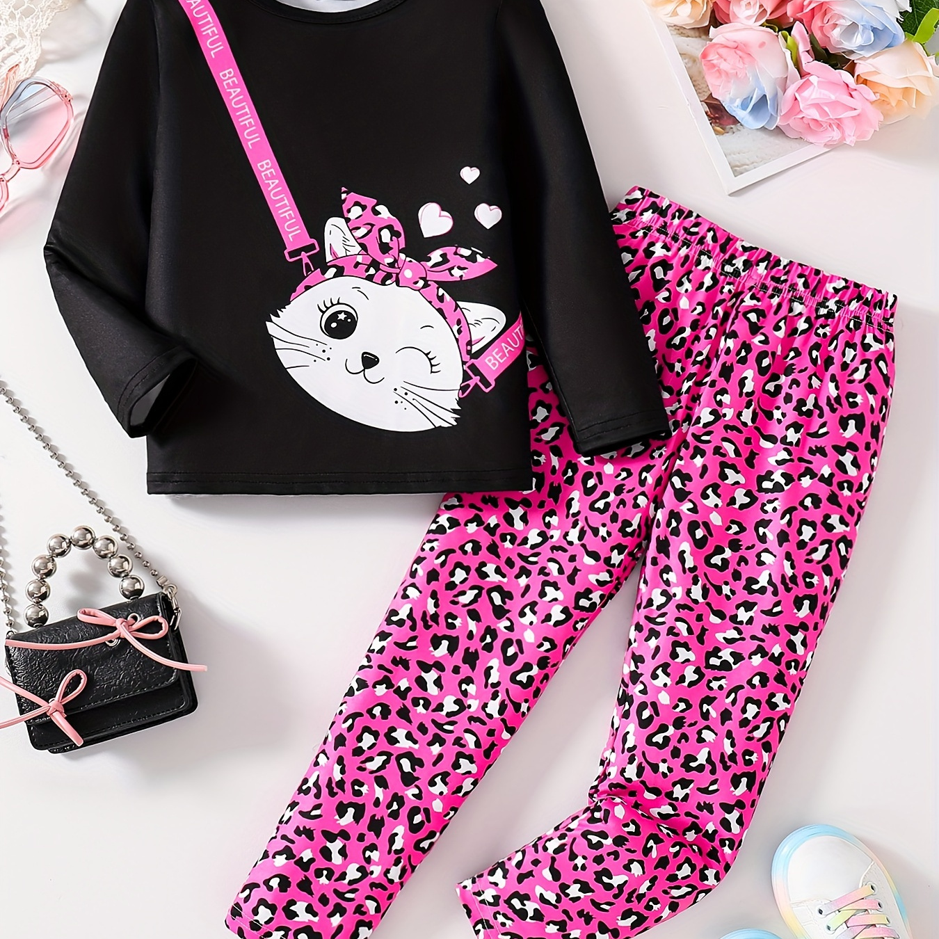 

Sweet Kitten Print 2 Pcs Girl's Long Sleeve Top + Full Print Trousers Set - Versatile Comfy For Spring/fall Casual Wear, Gift Idea