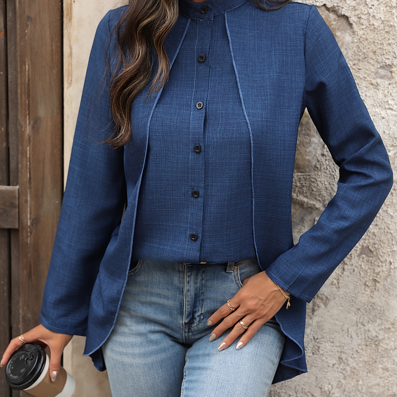 

Button Front Layered Blouse, Casual Long Sleeve Blouse For Spring & Fall, Women's Clothing