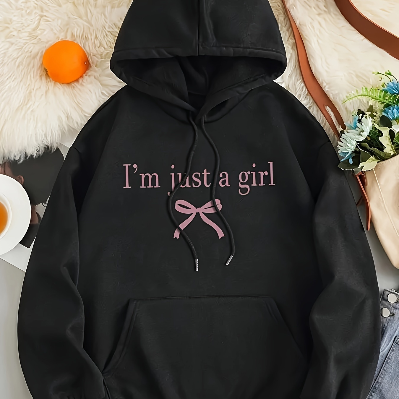 

Plus Size Casual Pullover Hoodie With Slogan Print And Bow Detail - 100% Polyester Long Sleeve Hooded Sweatshirt With Pocket And Stretch Fabric For Fall/winter