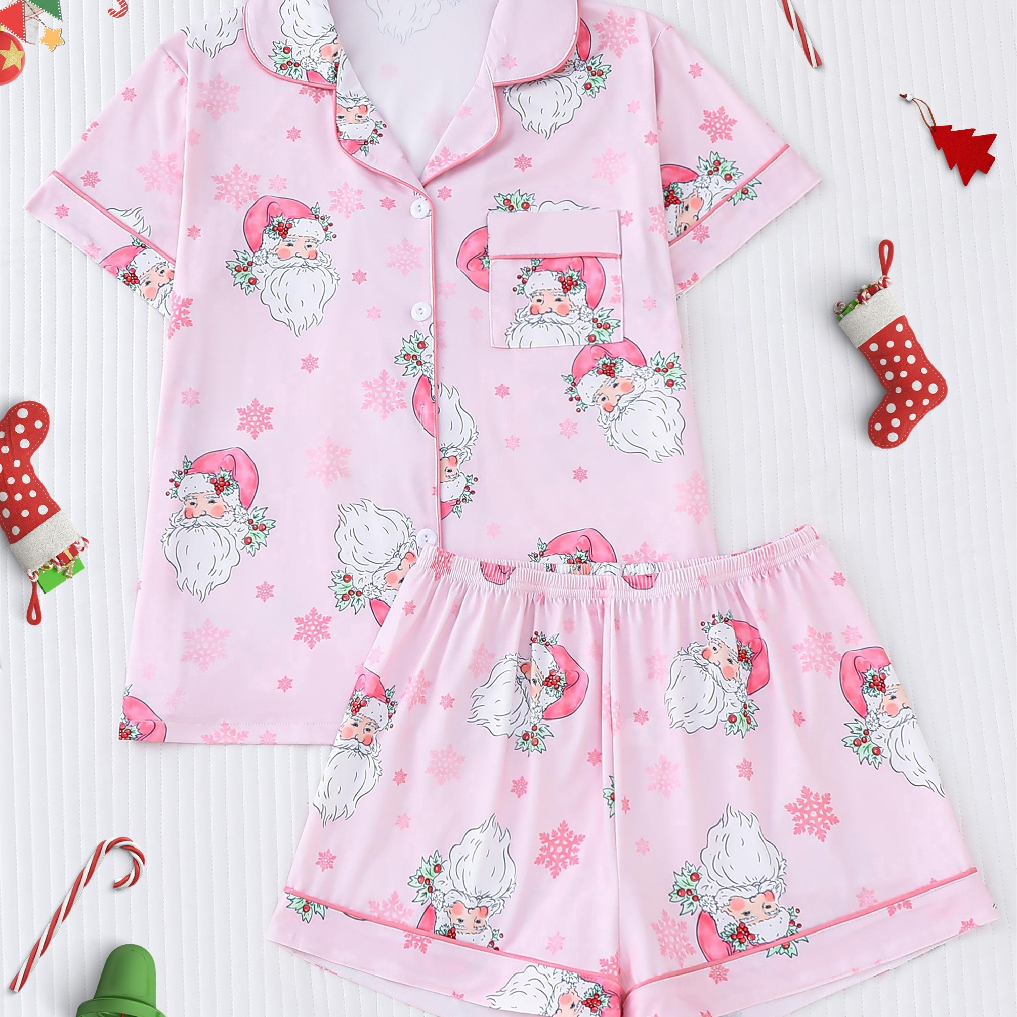 

Women's Cute Santa Print Pajama Set, Short Sleeve Buttons Lapel Top & Shorts, Comfortable Relaxed Fit For Christmas