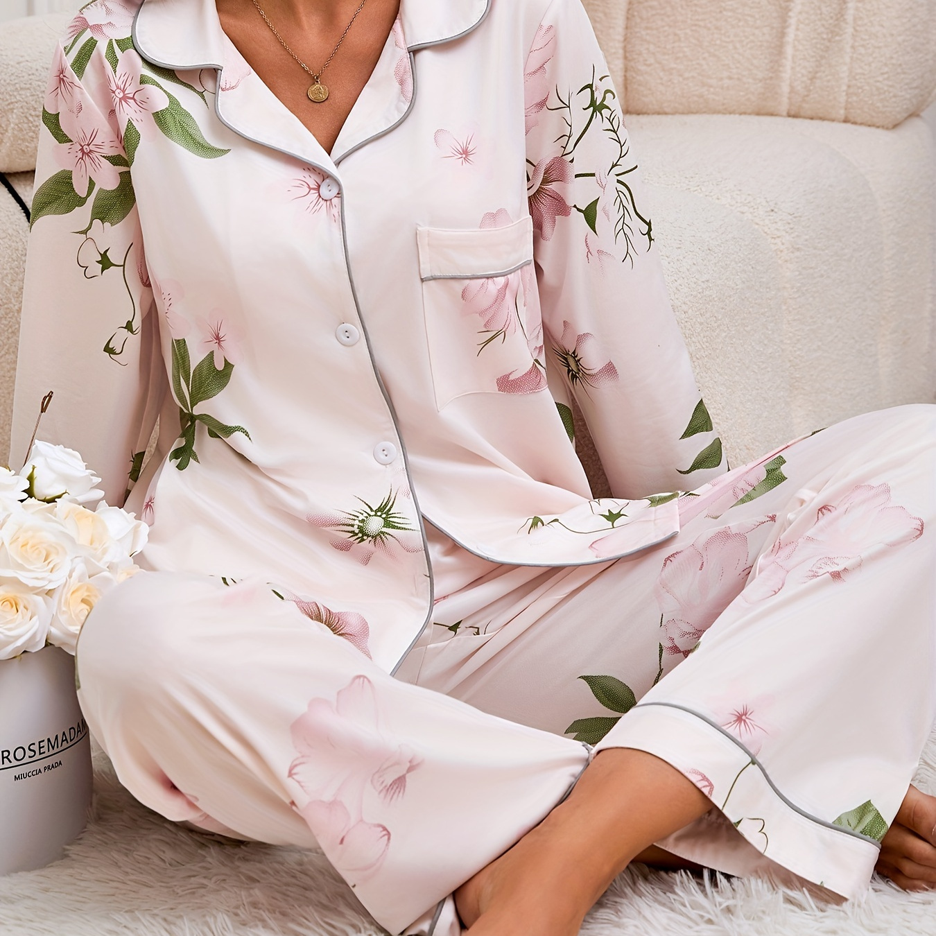 

Women's Floral Print Short Sleeve Pajama Set With Long Pants, Polyester Spandex , Machine Washable, , Ladies Pajama Sets