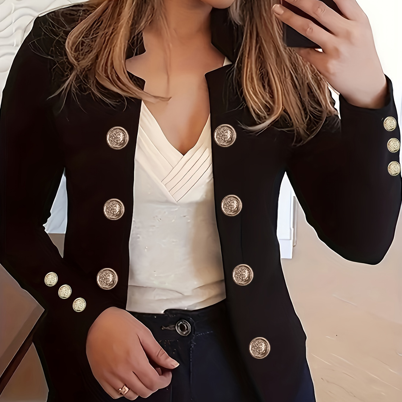 

1pc Elegant Solid Color Women's Casual Knit Polyester Jacket With Double-breasted Front And Cuff Buttons, Long Sleeve Cardigan Collar Blazer