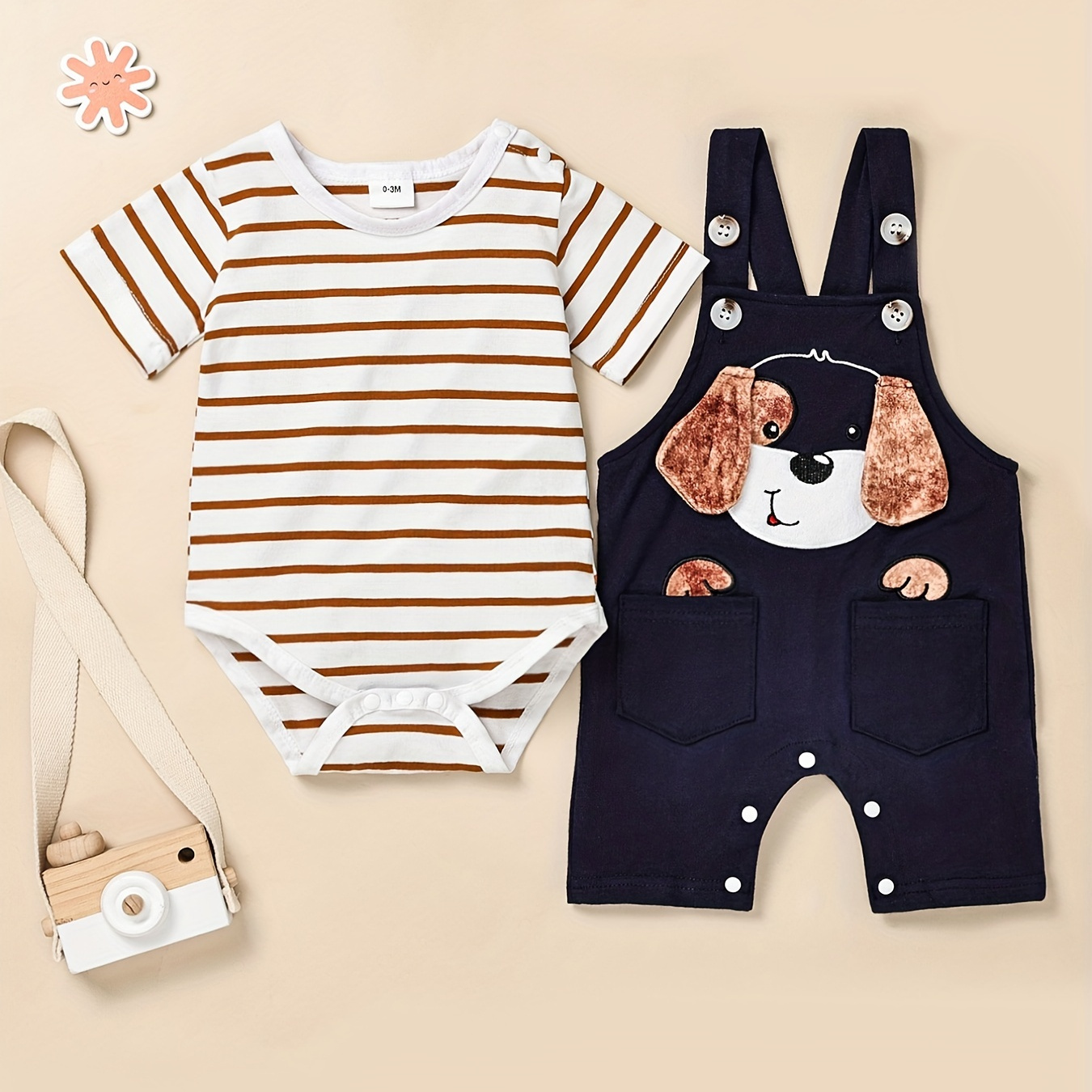 

Baby Boy's Outfit - Striped Long Sleeve Infant Romper & Cute Cartoon Overall Pants Set