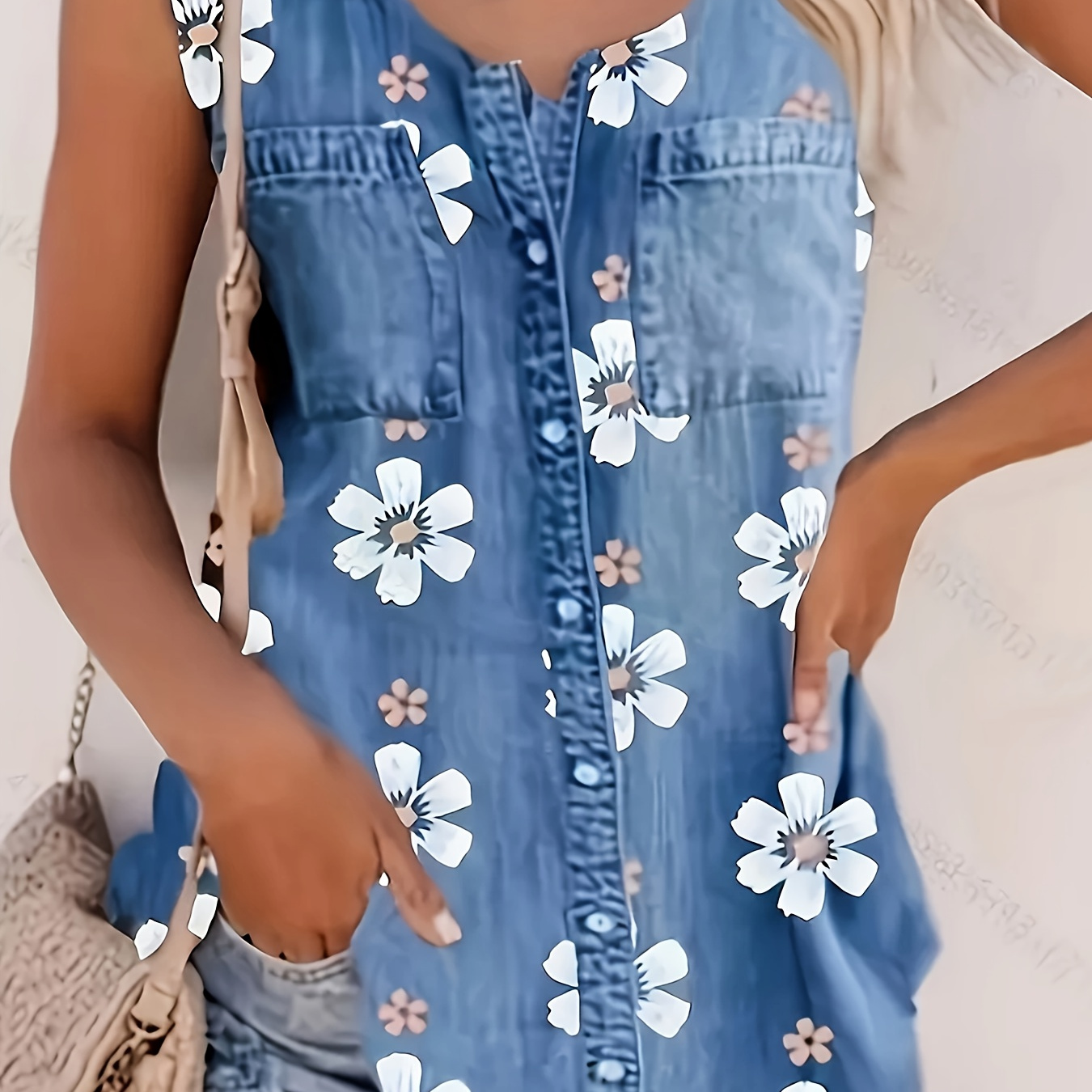 

Floral Print V Neck Long Length Top, Elegant Button Decor Sleeveless Top For Spring & Summer, Women's Clothing