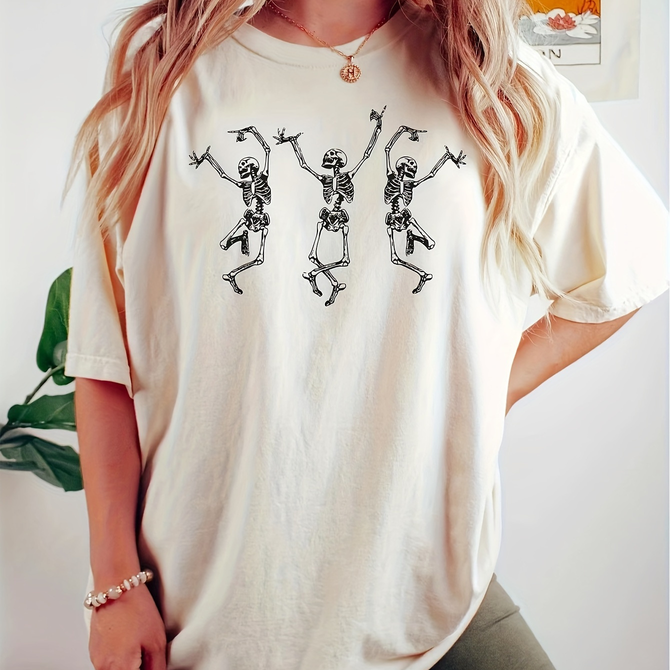 

Skeleton Print Crew Neck T-shirt, Casual Short Sleeve T-shirt For Spring & Summer, Women's Clothing