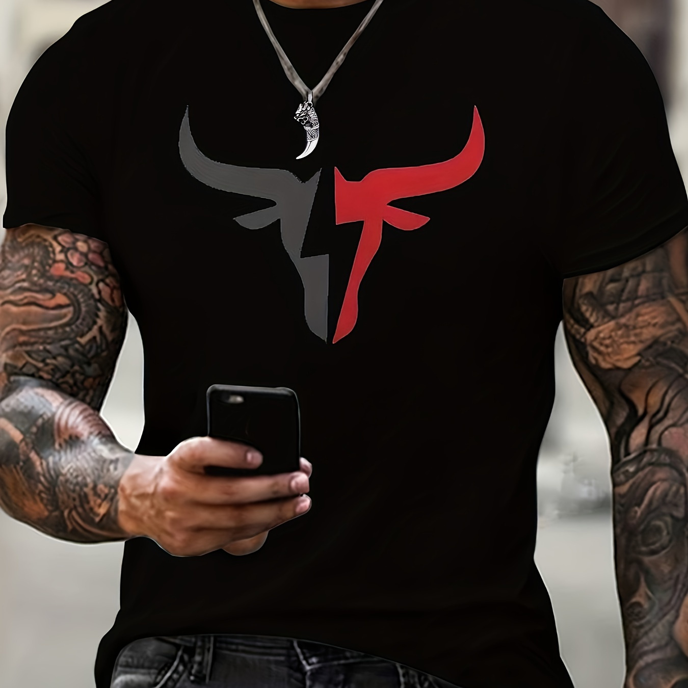 

Men's Bull Graphic Print T-shirt, Casual Short Sleeve Crew Neck Tee, Men's Clothing For Summer Outdoor