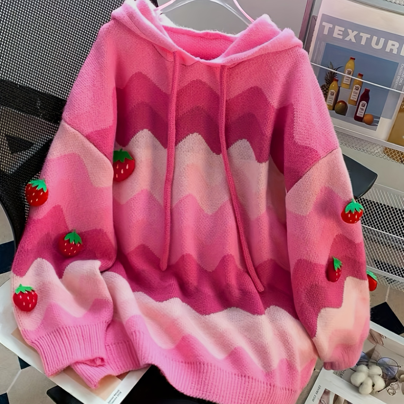 

Elegant Rainbow Strawberry Drawstring Hooded Knit Cardigan - Acrylic Polyester , Hand Wash