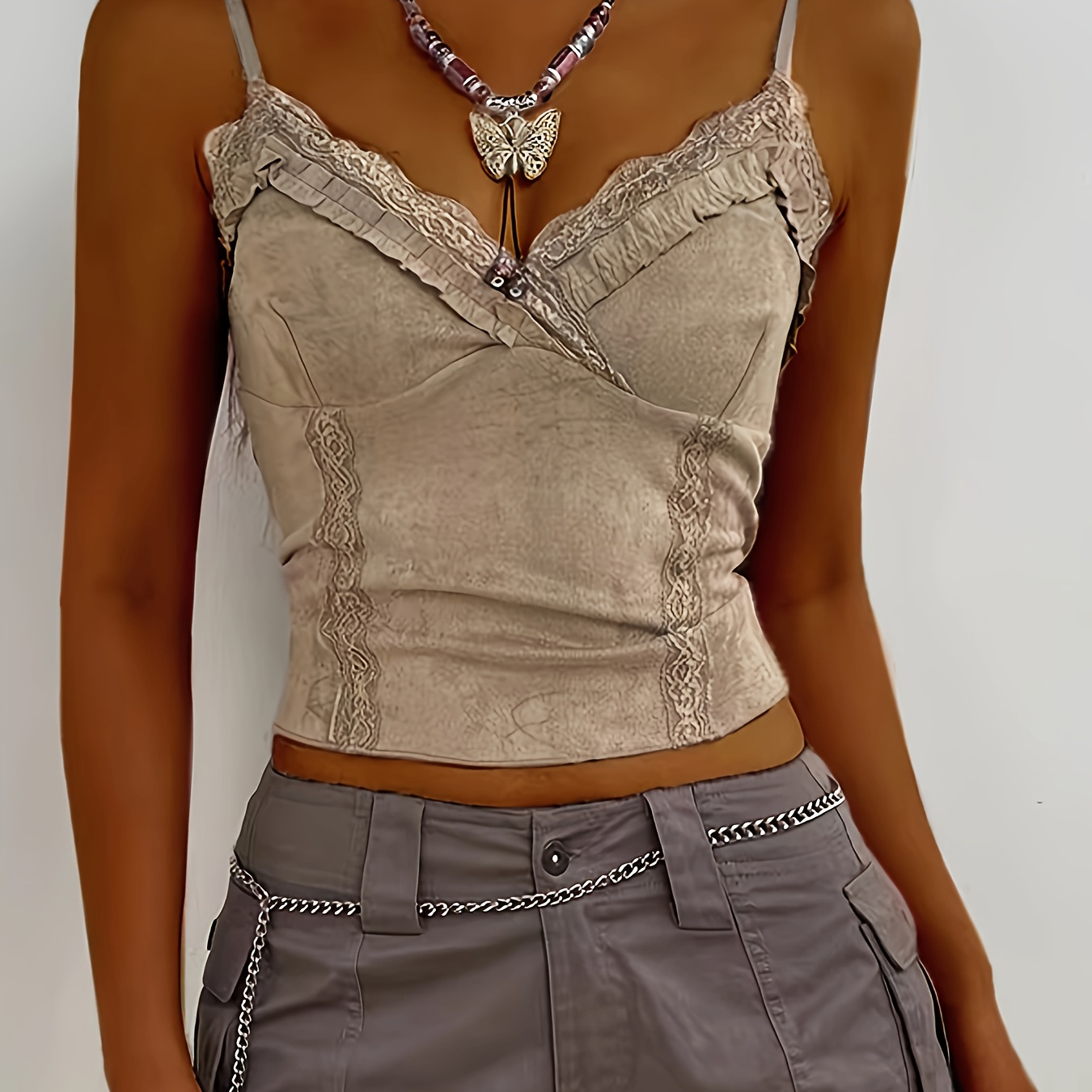 

Lace Splicing V-neck Cami Top, Vintage Spaghetti Strap Top For Summer, Women's Clothing