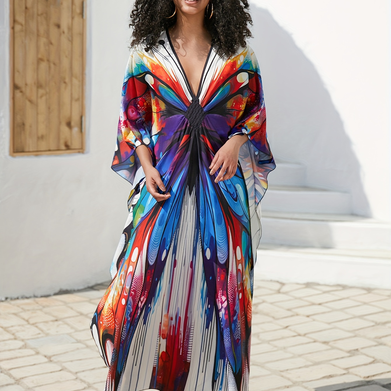 

Women's Boho Style Cover Up, Plus Size Butterfly Print V Neck Woven Design Loose Fit Vacay Beach Kaftan Dress