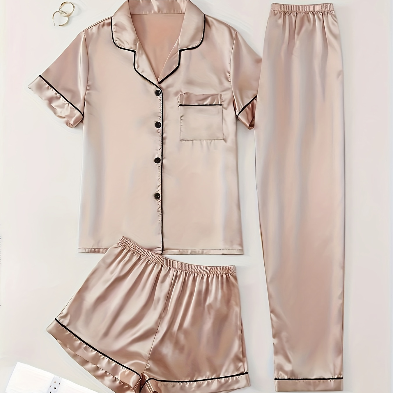 

Solid Satin Pajama Set, Casual Short Sleeve Buttons Lapel Top & Shorts & Pants, Women's Sleepwear