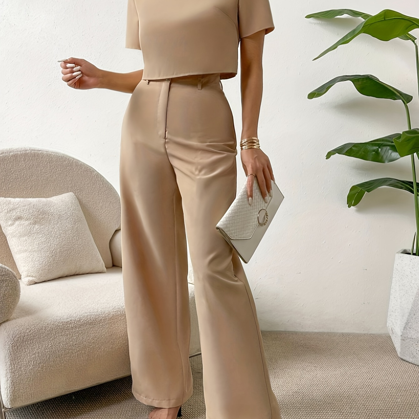 

Elegant Simple Pants Set, Crew Neck Short Sleeve Crop T-shirt & Straight Leg High Waist Pants, Women's Clothing