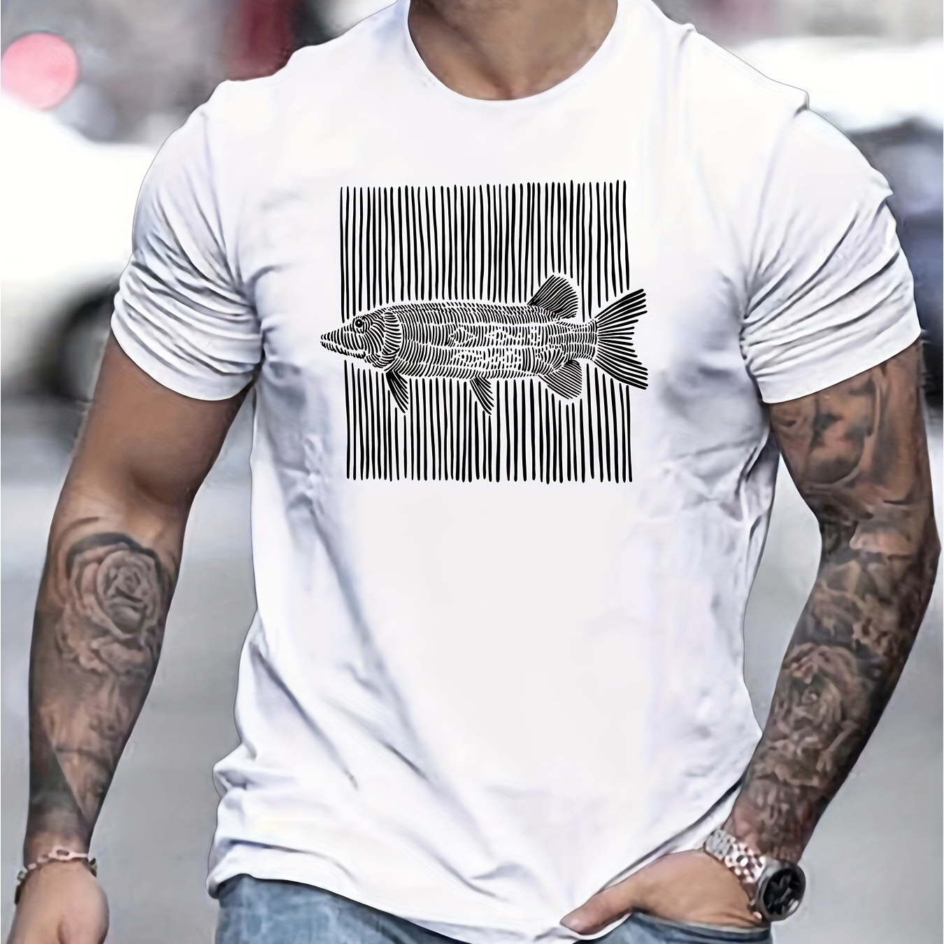 

Men's Fish Print T-shirt, Casual Short Sleeve Crew Neck Tee, Men's Clothing For Outdoor