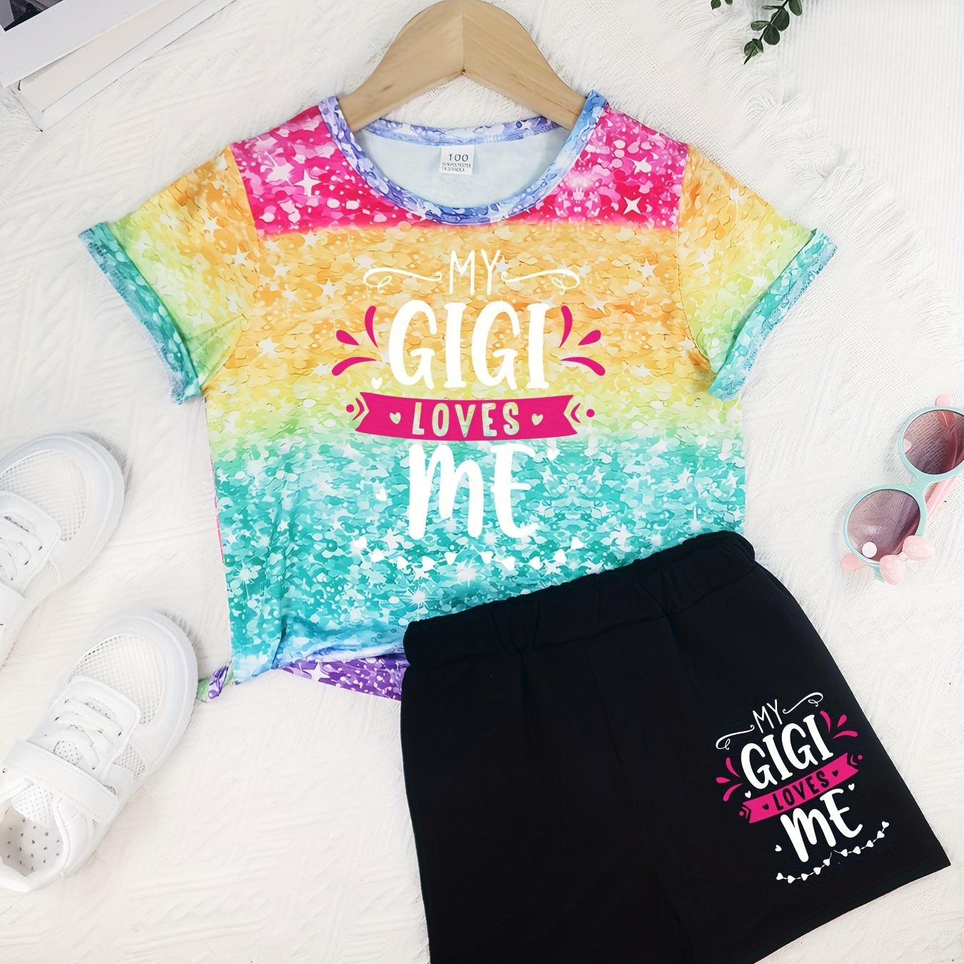 

my Gigi Love Me" Letter Print 2pcs Girls Casual Comfortable & Versatile Short Sleeve T-shirt & Shorts Set, Cute, Lightweight And Comfy Summer Clothes