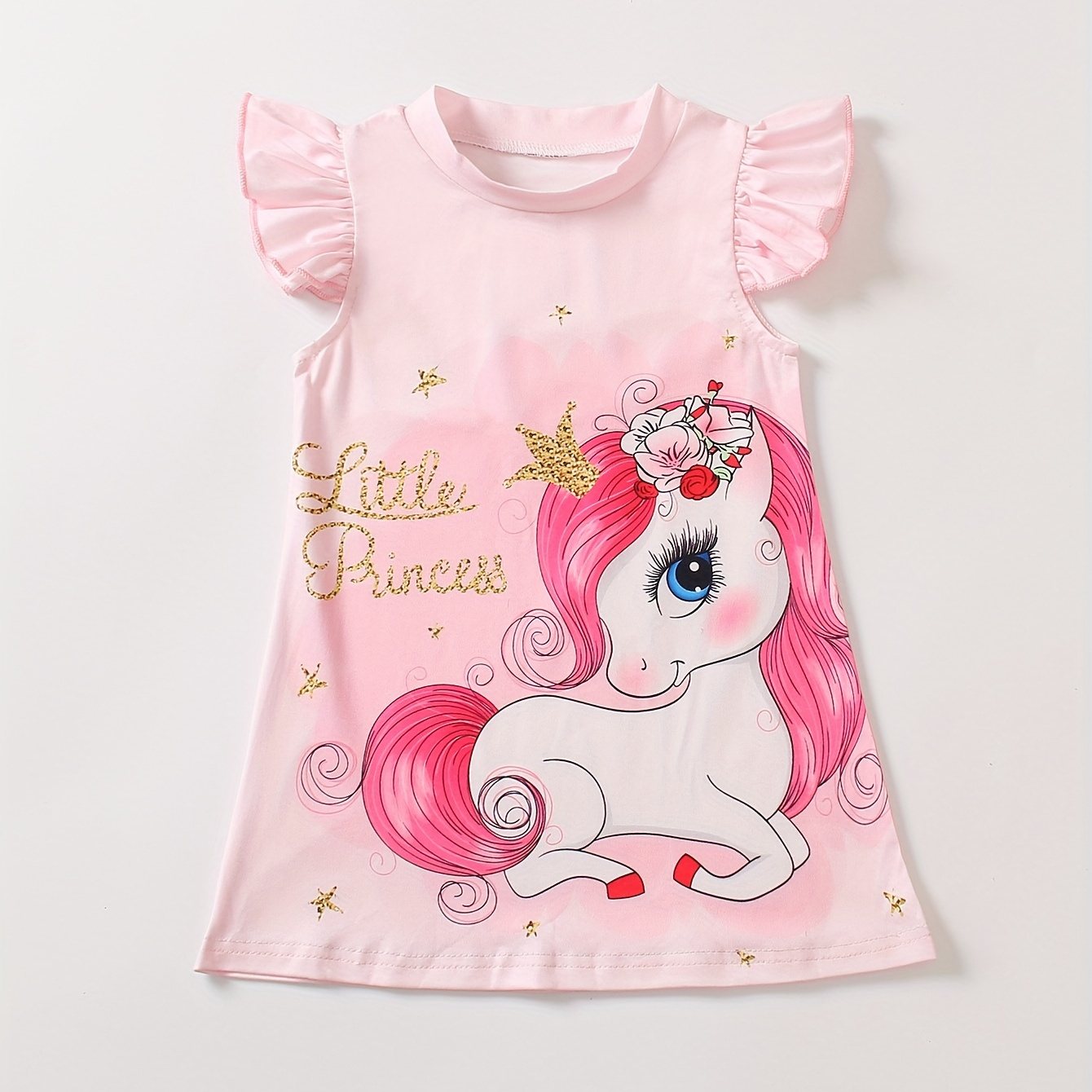 

Baby Girls Cartoon Unicorn Print Dress, Casual Cute Letter Print, Small Flying Sleeves, Small Stand Collar Dress, Summer Thin Style