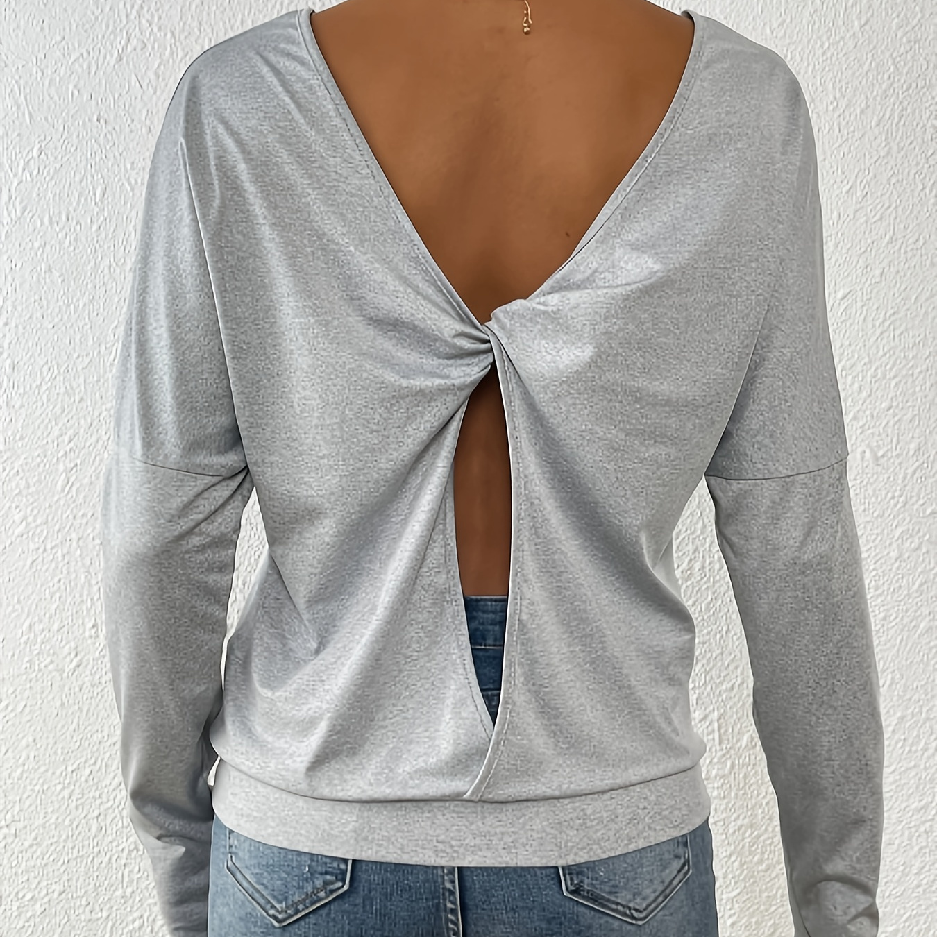 

Pull Élégant Dos Nu avec Nœud Torsadé pour Femme - Couleur Unie Décontractée, Haut à Manches Longues, pour /Hiver