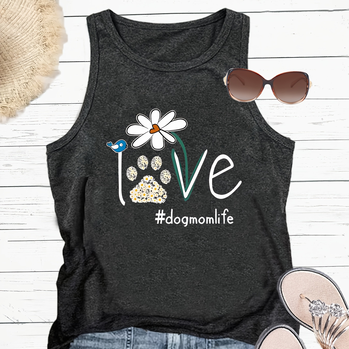 

Paw Print Crew Neck Tank Top, Casual Sleeveless Tank Top For Summer, Women's Clothing