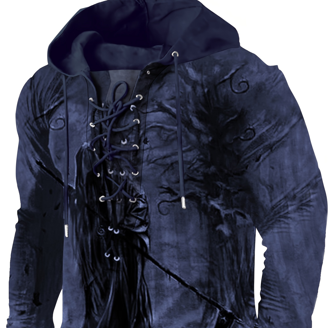 

Men's Reaper And Tree Pattern Hooded Long Sleeve Lace Up Sweatshirt, Winter And Fall Fashion Hoodie For Street And Casual Wear