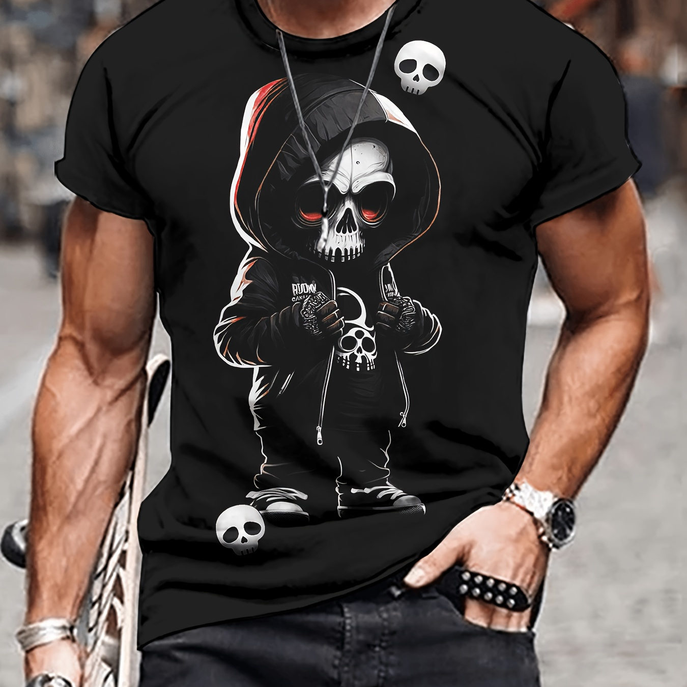 

Men's Skeleton Print T-shirt, Casual Short Sleeve Crew Neck Tee, Men's Clothing For Outdoor