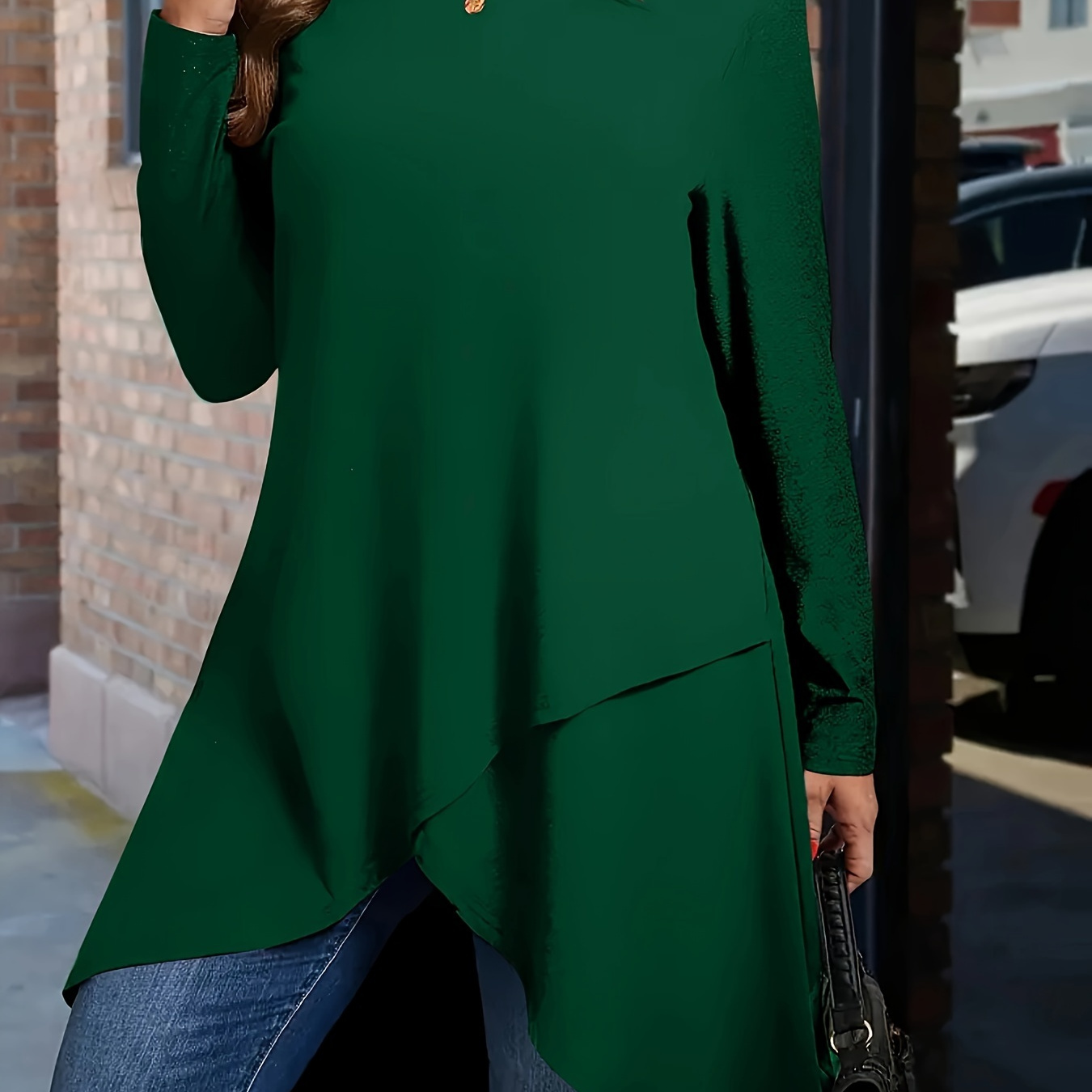 

1pc Elegant Solid Color Polyester Tunic Top With Detail, Crew Neck, Medium Stretch Knit Fabric, Long Sleeve Shirt For Women