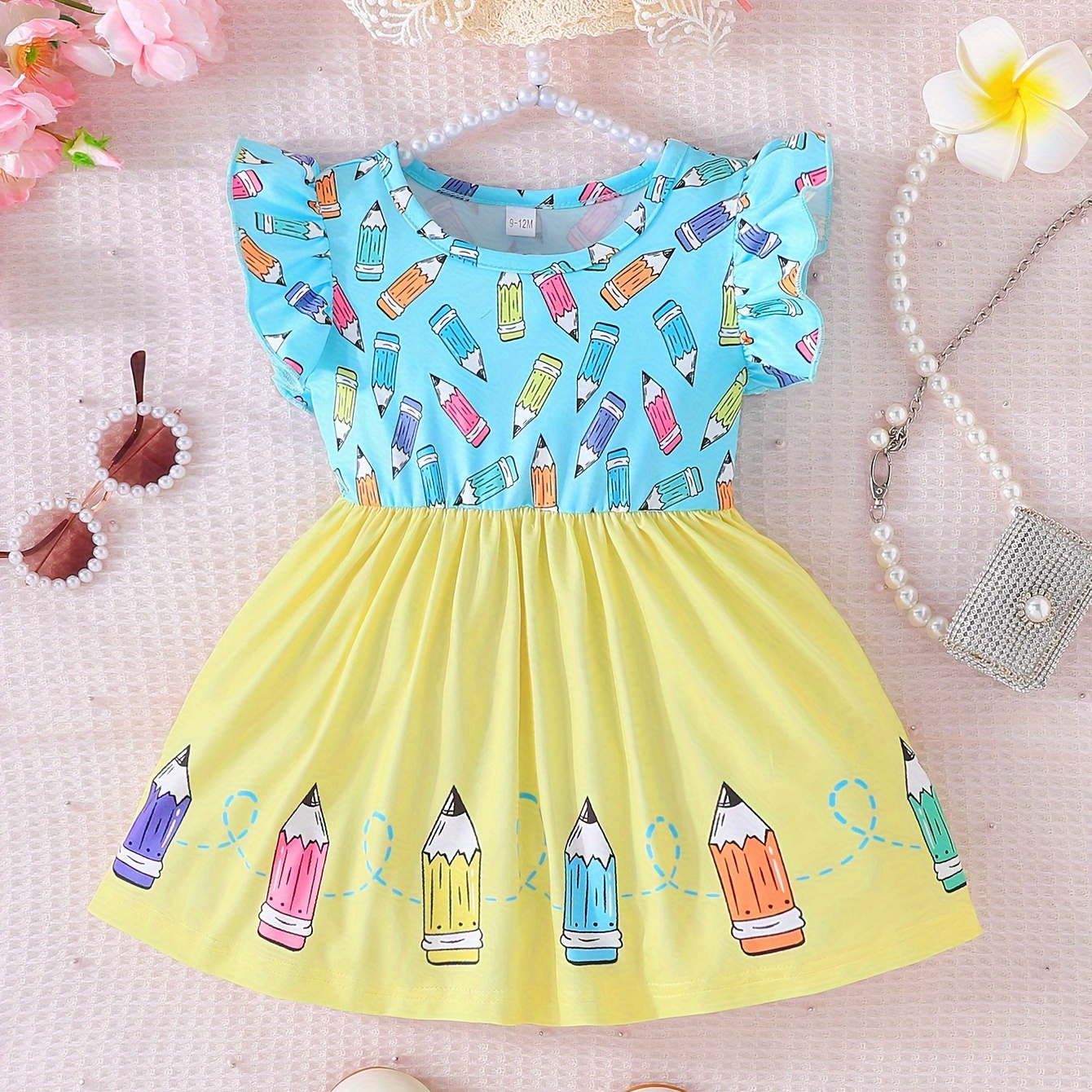 

Baby Girls Toddlers Cute Cartoon Pattern Print Summer New Dress, Hot Selling Baby Clothing Funny Colorful Pen Pattern Print Small Flying Sleeve Dress