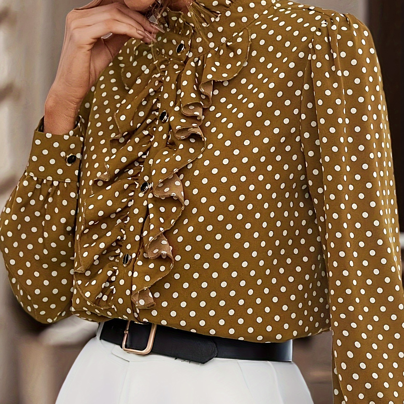 

Polka-dot Print Ruffle Trim Blouse, Vintage Long Sleeve Blouse For Spring & Fall, Women's Clothing