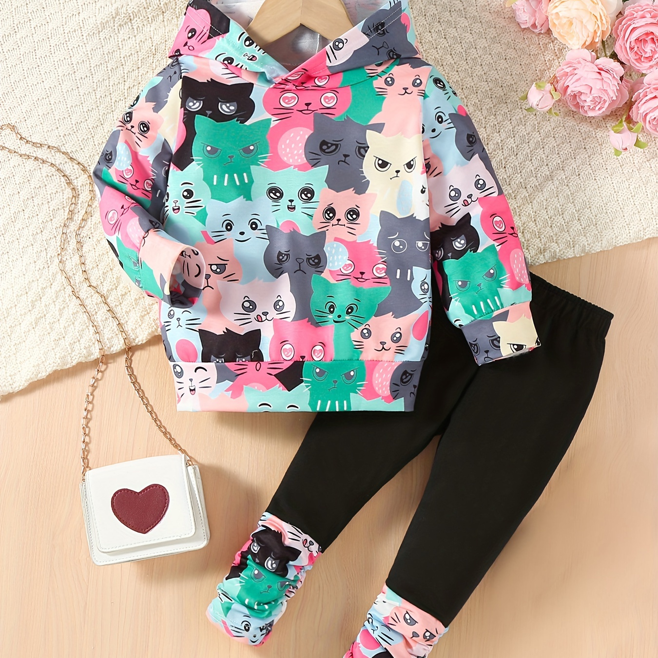 Toddler Girl's Casual Outfit 2pcs, Cat Allover Print Hoodie & Leggings Set, Kid's Clothes For Spring Fall