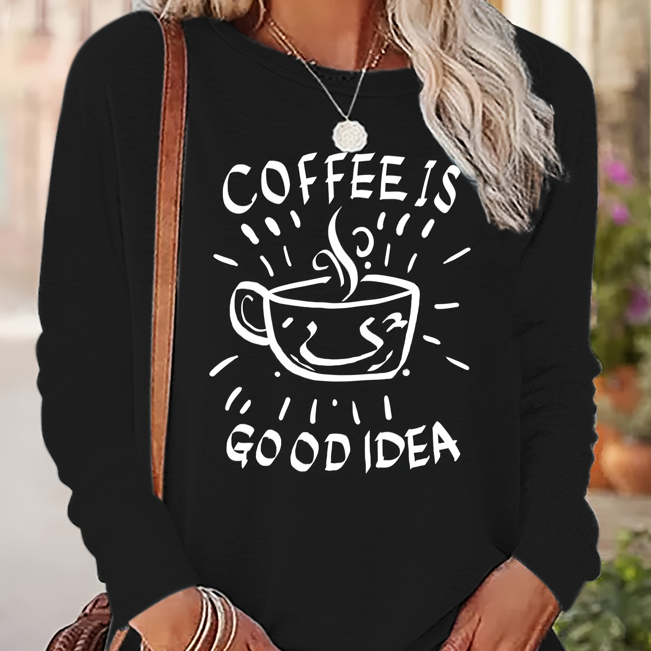 

Coffee Print T-shirt, Long Sleeve Crew Neck Casual Top For Spring & Fall, Women's Clothing