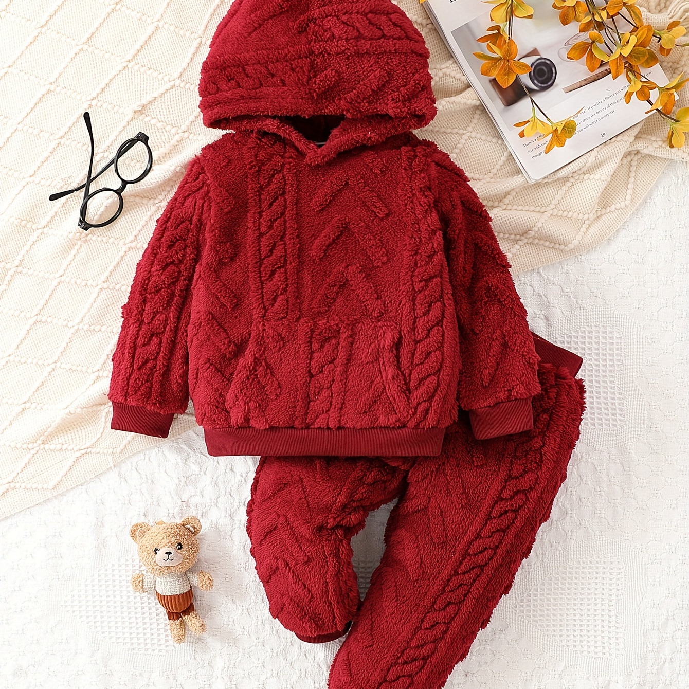 

Little Baby Girls Fur Hooded Pullover Outfit, Soft Long Sleeve Striped Solid Color Casual Hoodie + Pant Two-piece Clothing Set