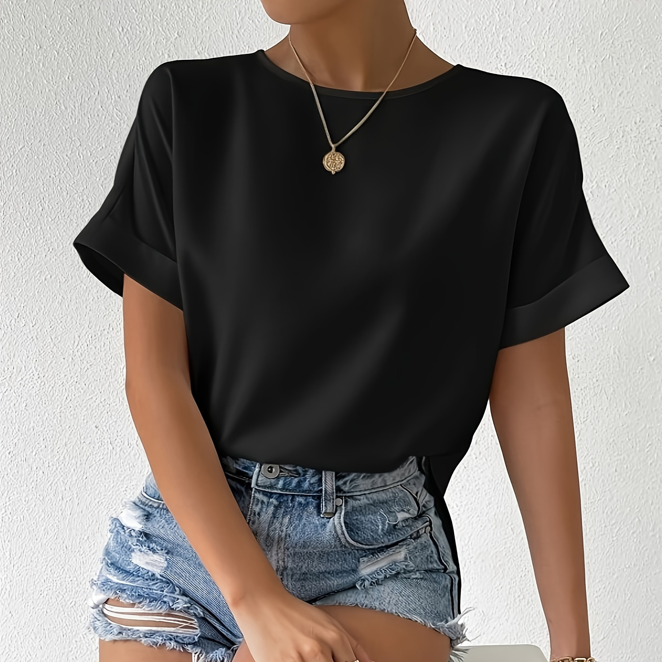 

Solid Color Crew Neck Blouse, Elegant Short Sleeve Simple Top For Spring & Summer, Women's Clothing