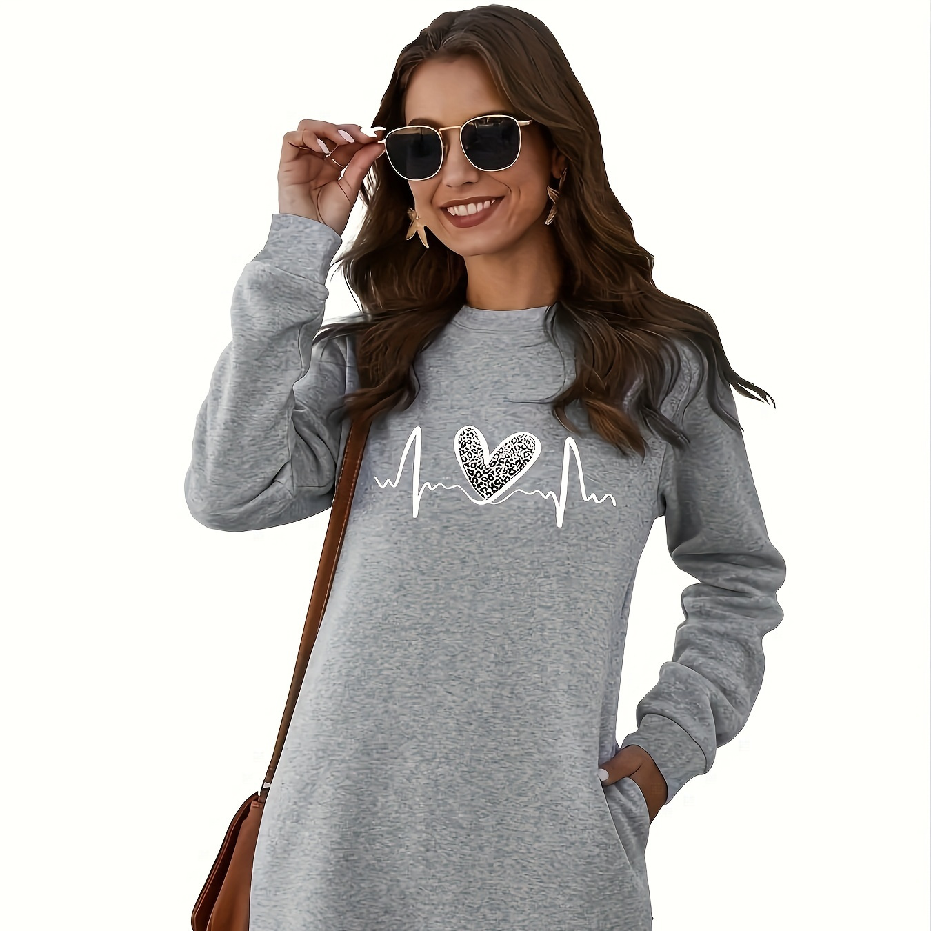 

Heart Print Sweatshirt Dress, Long Sleeve Crew Neck Casual Dress For Winter & Fall, Women's Clothing