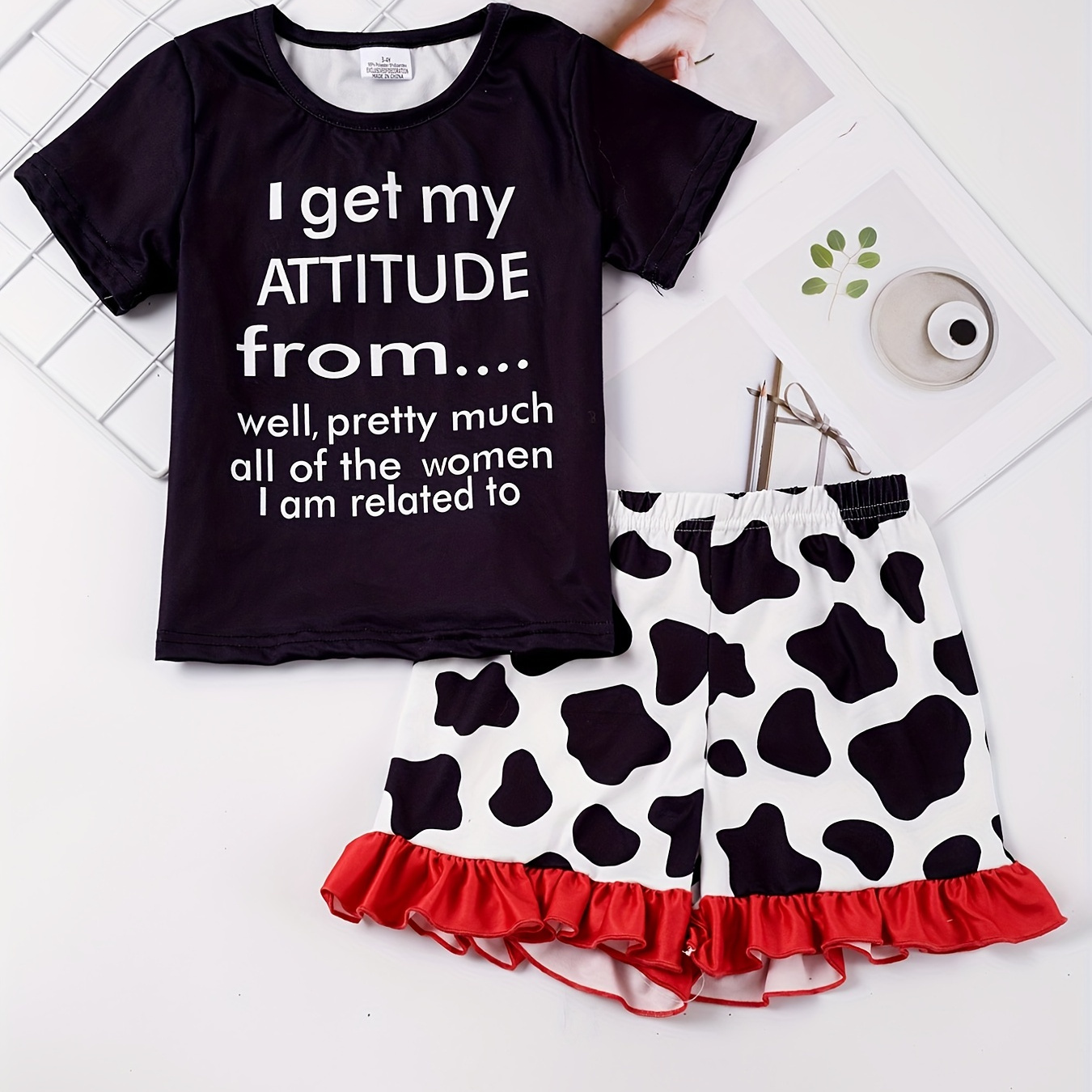 

2pcs Toddler Girls Letter "i Get My Attitude" Graphic T-shirt Casual Round Neck Tees Top & Hem Cow Graphic Elastic Waist Shorts Set Kids Summer Clothes