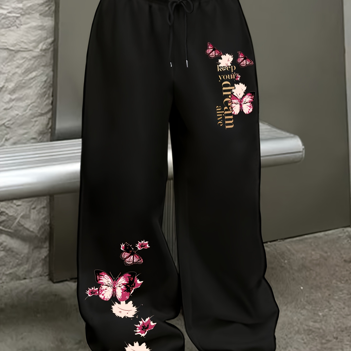 

Joggers Chic pour Femmes avec Imprimé Papillon & Floral - Pantalons de Survêtement Décontractés à Jambe Droite avec Taille à Cordon, Lavables en Machine, Polyester - Parfaits pour /Automne