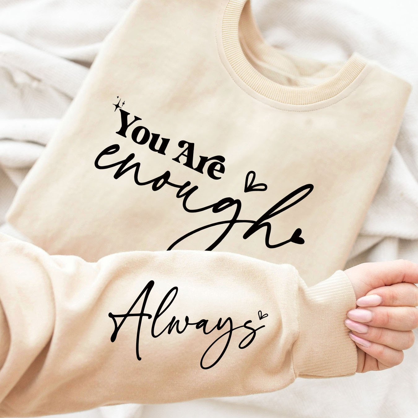 

You Are Enough" Heart Print Crew Neck Sweatshirt - Casual Long Sleeve Pullover For Women, Machine Washable Polyester Blend, Perfect For Spring & Fall