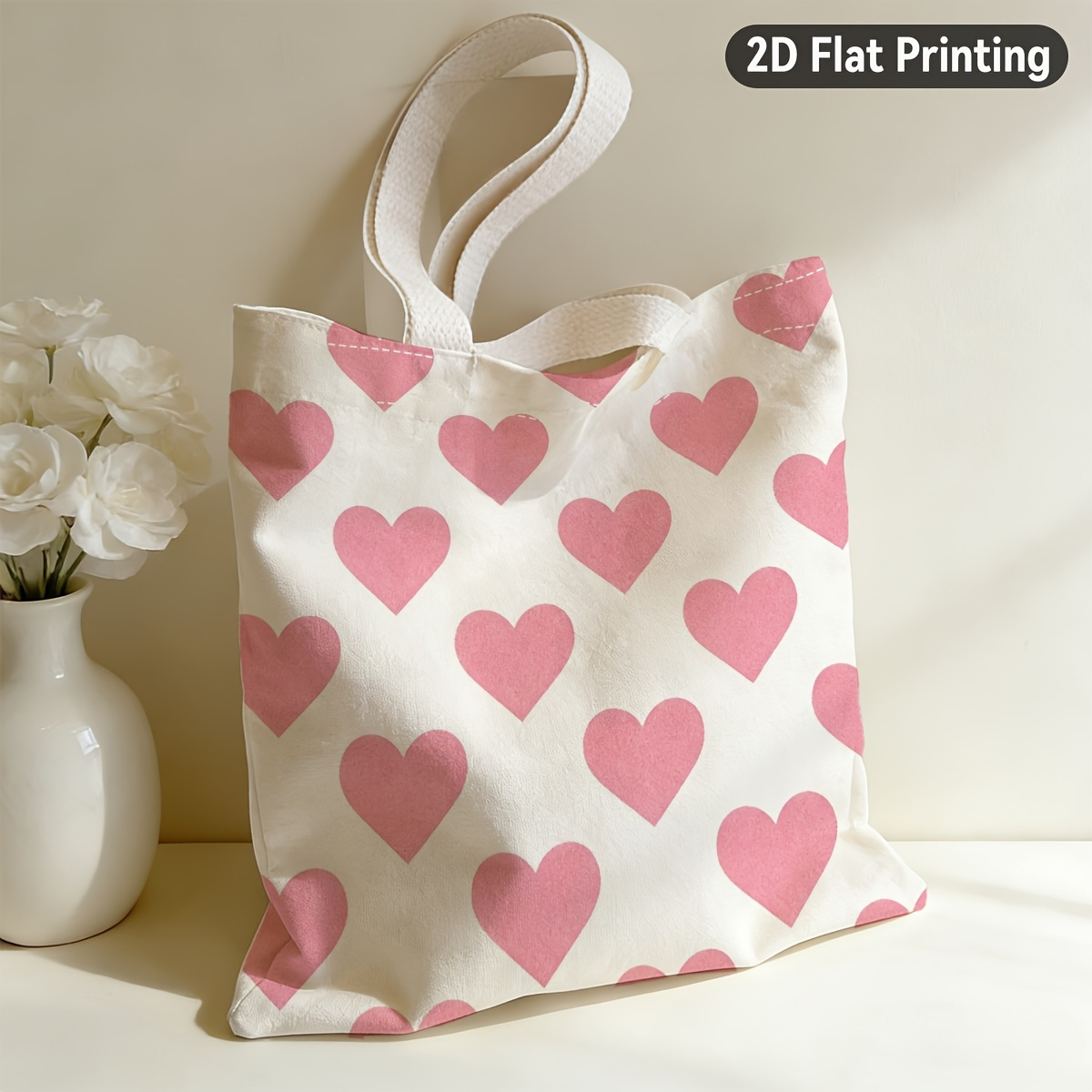TEMU 1pc Minimalist Heart-shaped Tote Bag - Pink Suitable For Grocery Shopping, Beach Trips, Daily Use, Handbag With Duplex Print, Blush// For,, For