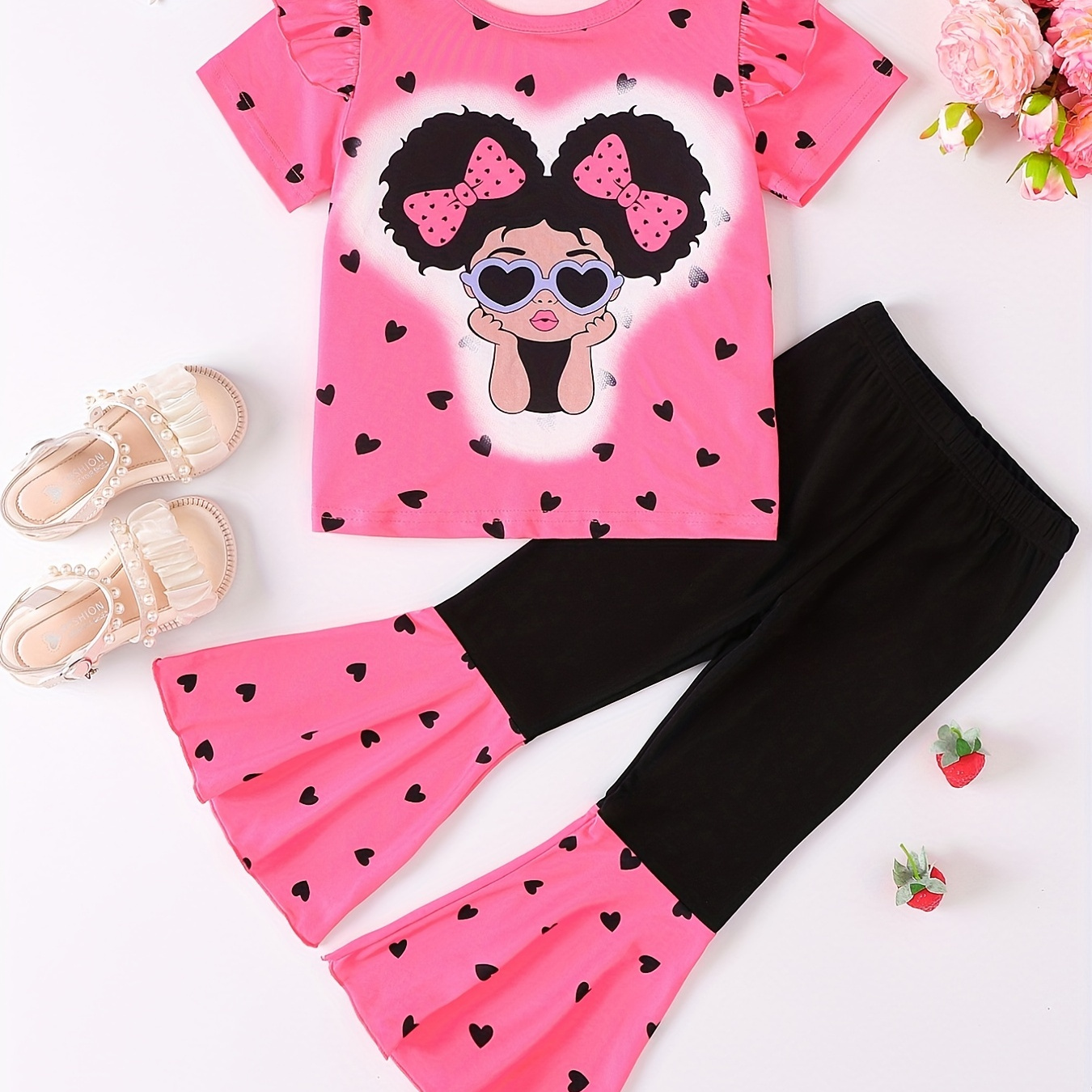 

Girl's 2pcs T-shirt & Flared Pants Set, Anime Girl Love Heart Print Short Sleeve Top, Trendy Casual Outfits, Kids Clothes For Summer