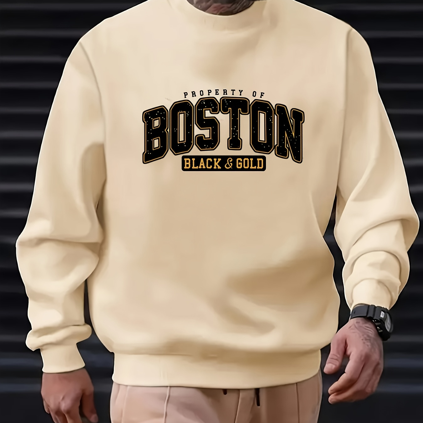 

Men's Boston Graphic Crew Neck Sweatshirt - Casual Polyester Knit, Black And Golden, Obm, Fashion