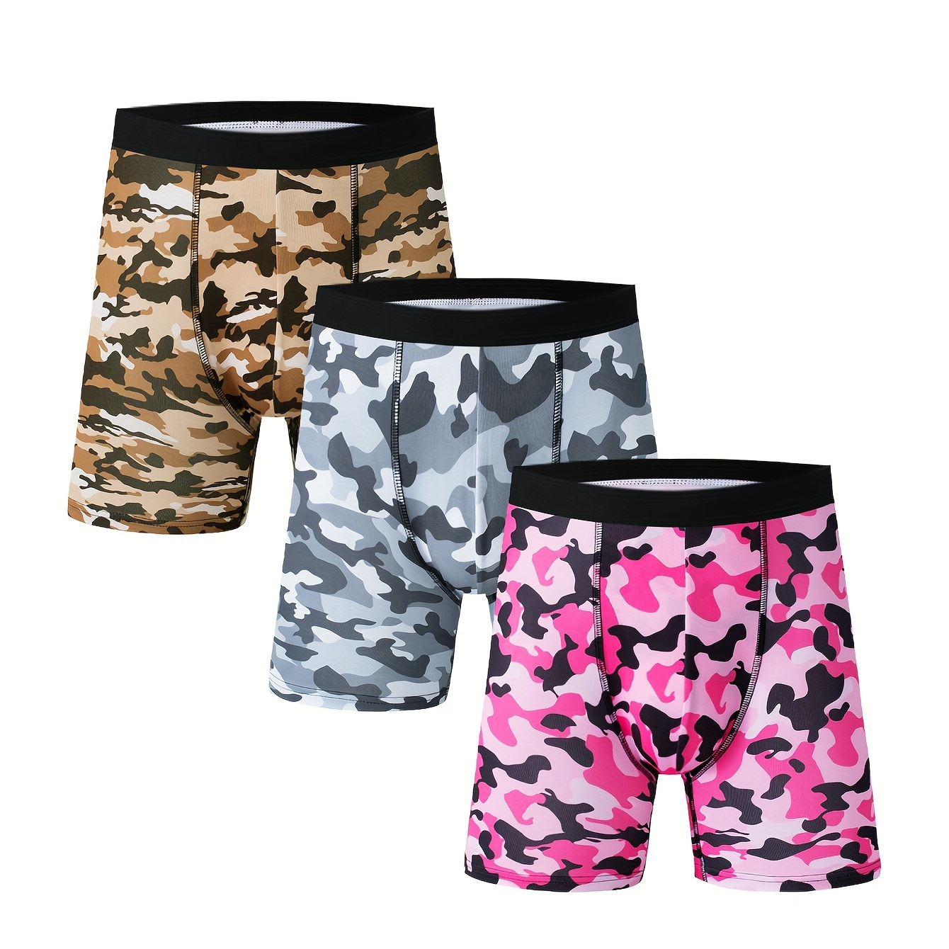 

3pcs Men's Camouflage Antibacterial Underwear, Casual Boxer Briefs Shorts, Breathable Comfy Stretchy Boxer Trunks, Sports Shorts